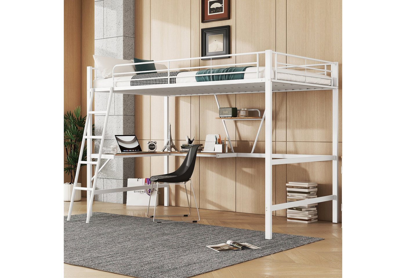 Flieks Hochbett Kinderbett Metallbett Etagenbett mit Schreibtisch und Regal 90x200cm von Flieks