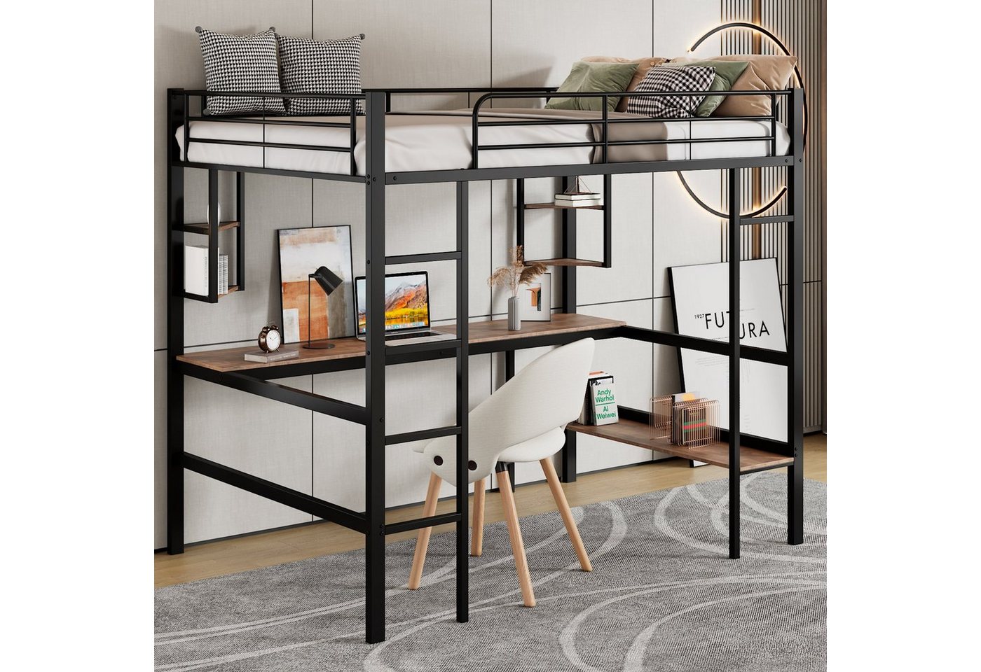 Flieks Hochbett Kinderbett Metallbett Etagenbett mit Schreibtisch und Regalen 90x200cm von Flieks