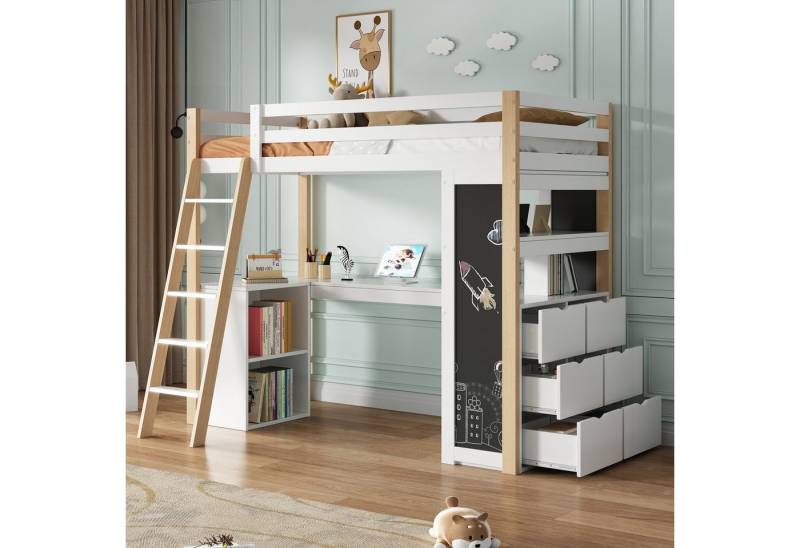 Flieks Hochbett Kinderbett Stauraumbett 90x200cm mit Schreibtisch Tafel Schubladen von Flieks
