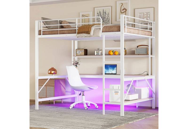 Flieks Hochbett LED Metallbett 140x200cm mit Leiter, Schreibtisch mit Aufladenfunktion von Flieks