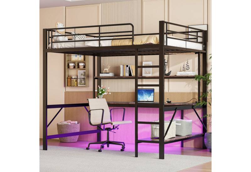 Flieks Hochbett LED Metallbett 140x200cm mit Leiter, Schreibtisch mit Aufladenfunktion von Flieks
