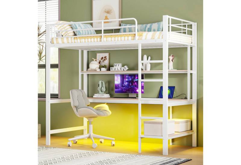 Flieks Hochbett LED Metallbett 90x200cm mit Leiter, Schreibtisch mit Aufladenfunktion Flieks Hochbett LED Metallbett 90x200cm mit Leiter, Schreibtisch mit Aufladenfunktion von Flieks