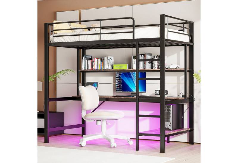 Flieks Hochbett LED Metallbett 90x200cm mit Leiter, Schreibtisch mit Aufladenfunktion von Flieks