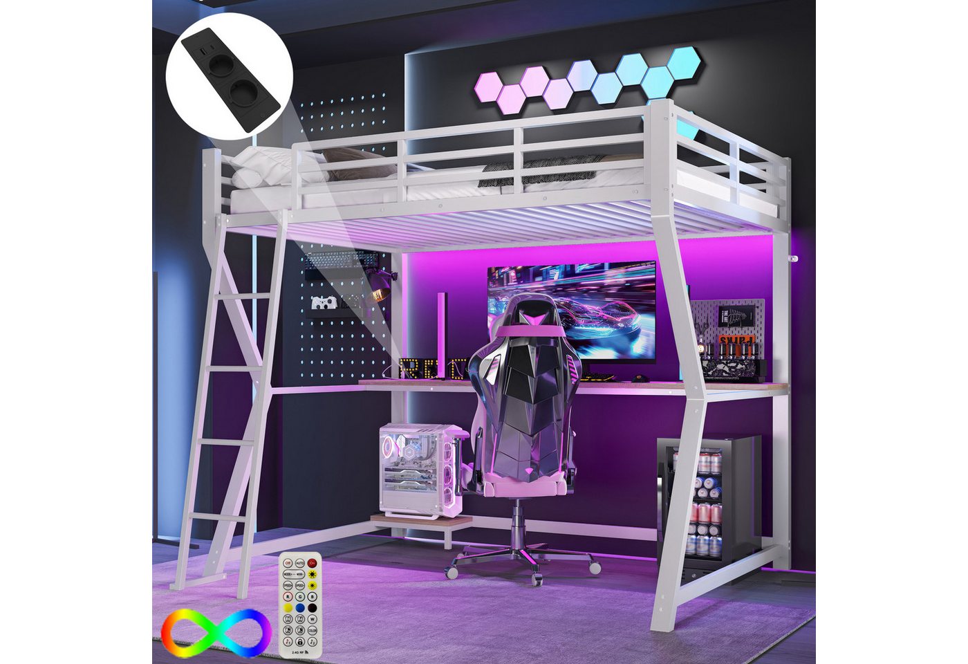 Flieks Hochbett LED Metallbett 90x200cm mit Schreibtisch und Aufladenfunktion von Flieks