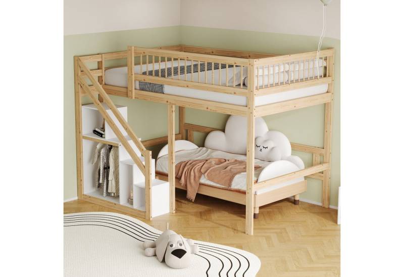 Flieks Hochbett Massivholz Doppelbett Kinderbett 140x200cm mit Stauraumtreppe von Flieks