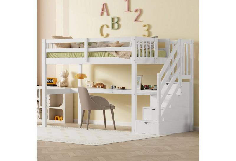Flieks Hochbett Massivholz Etagenbett Kinderbett 90×200cm mit Treppe und Schreibtisch von Flieks