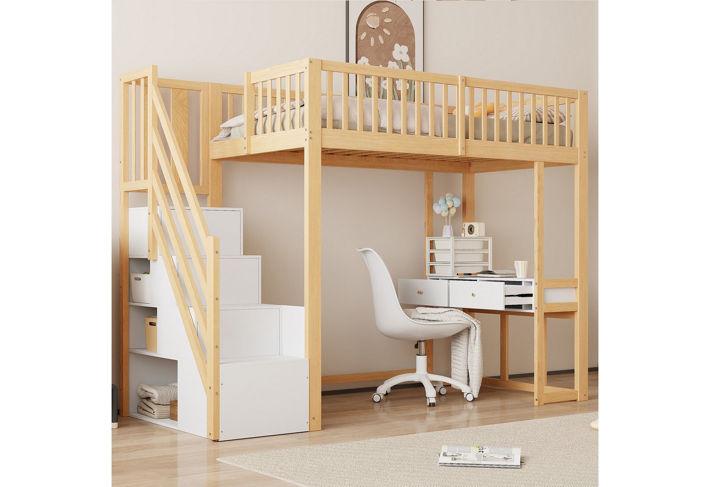 Flieks Hochbett Massivholz Kinderbett 90x200cm mit Tisch und Stauraumtreppe von Flieks