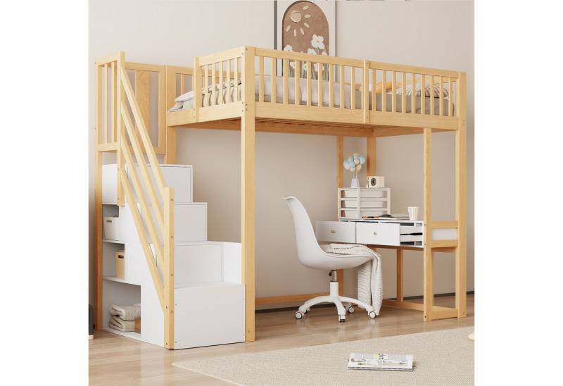 Flieks Hochbett Massivholz Kinderbett 90x200cm mit Tisch und Stauraumtreppe von Flieks