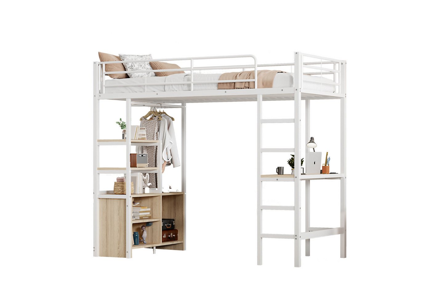 Flieks Hochbett Metall Kinderbett 90x200cm Ladenfunktion Schreibtisch Schrank Regale von Flieks