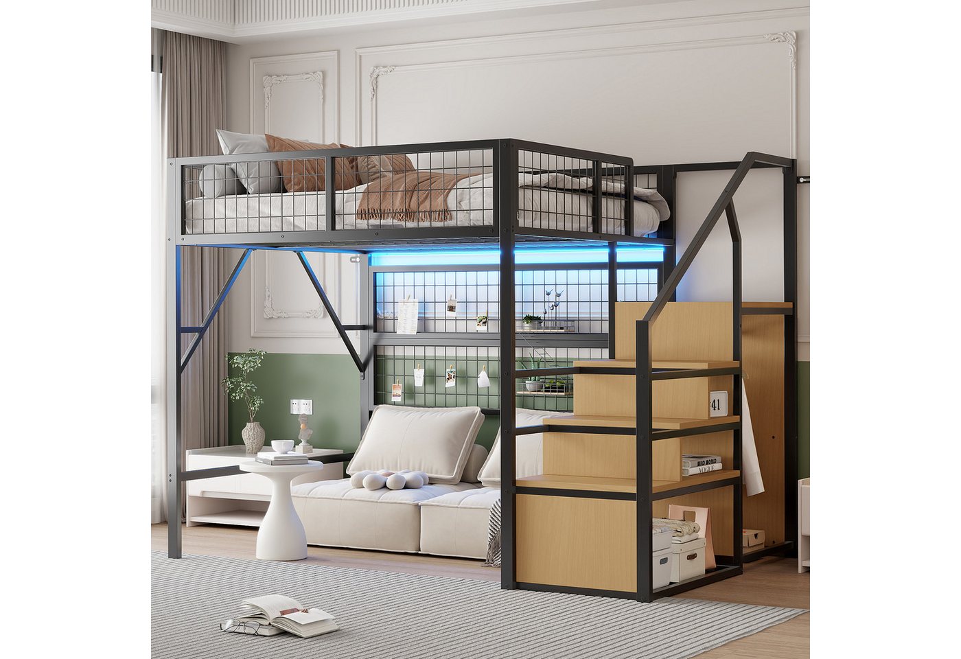 Flieks Hochbett Metallbett 140x200cm mit LED-Leiste und Treppe mit Kleiderschrank Flieks Hochbett Metallbett 140x200cm mit LED-Leiste und Treppe mit Kleiderschrank von Flieks