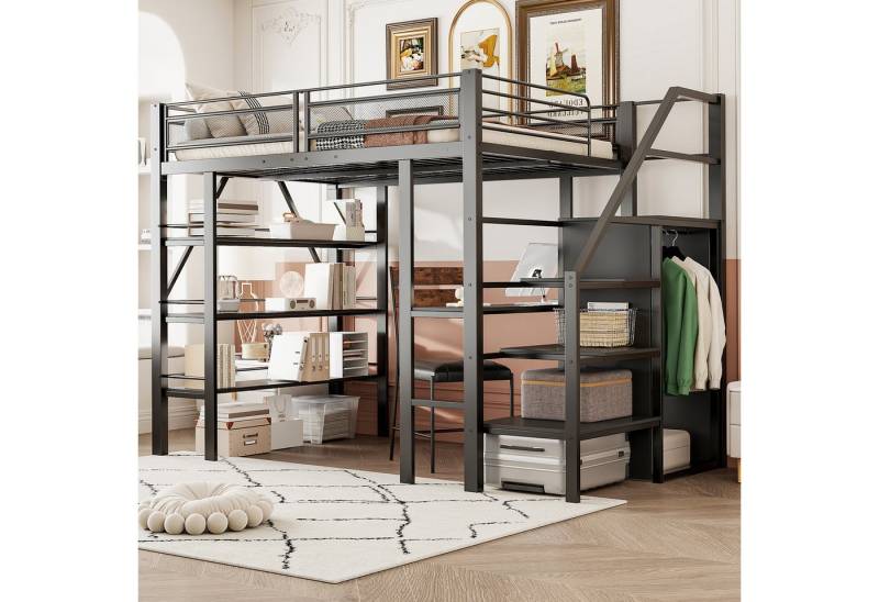Flieks Hochbett Metallbett 140x200cm mit Schreibtisch Stauraumtreppe Kleiderschrank von Flieks