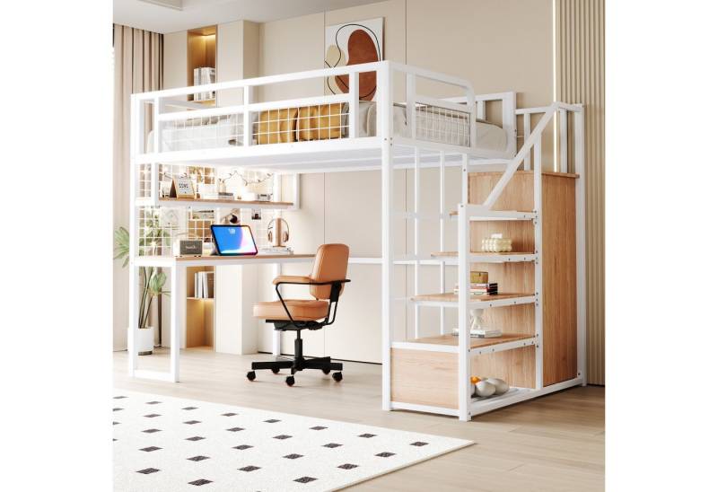 Flieks Hochbett Metallbett 140x200cm mit Stauraumtreppe, Kleiderschrank, Schreibtisch von Flieks