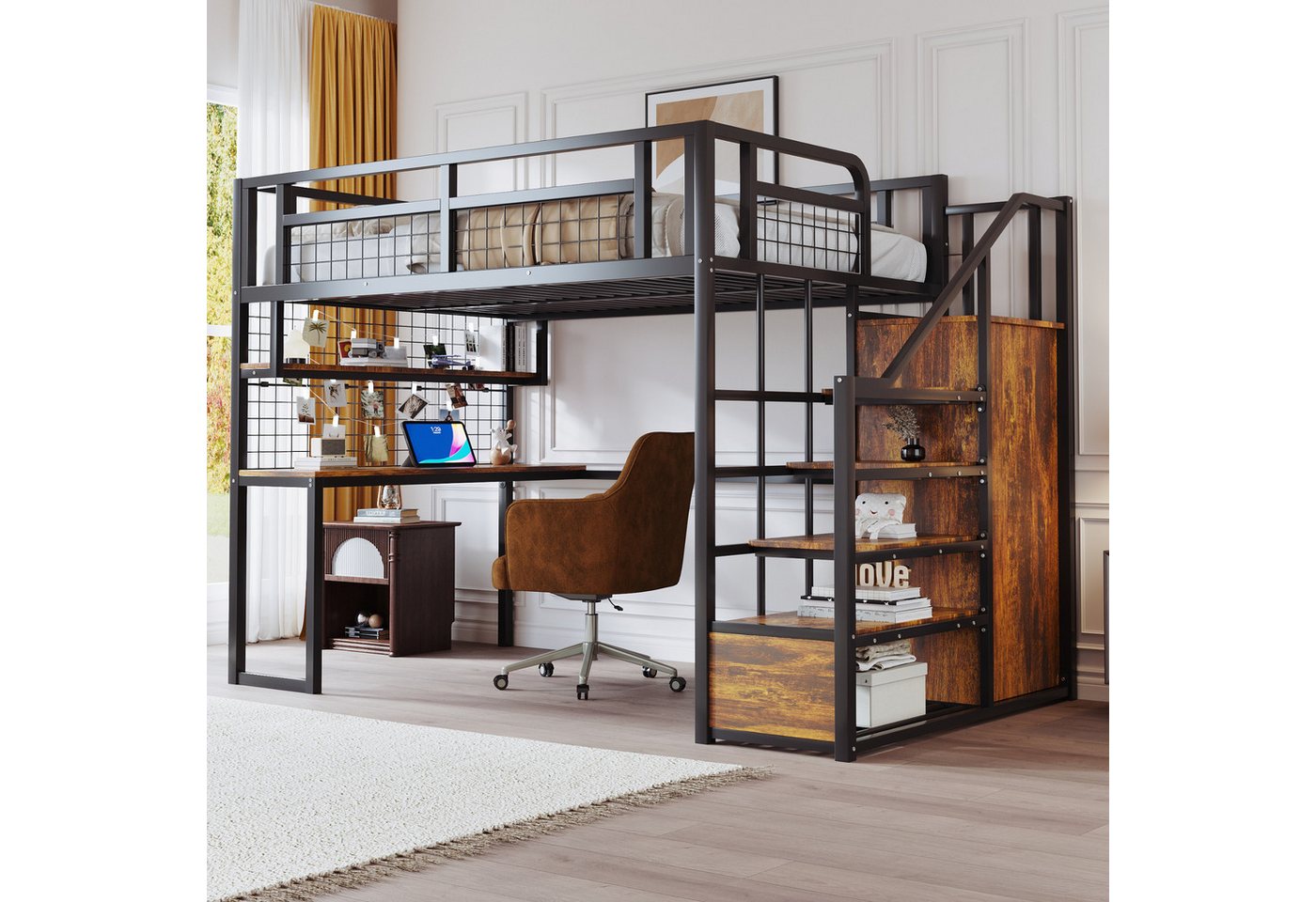Flieks Hochbett Metallbett 140x200cm mit Stauraumtreppe, Kleiderschrank, Schreibtisch von Flieks