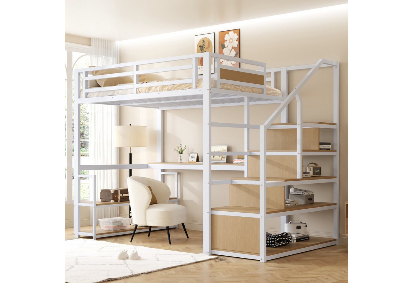 Flieks Hochbett Metallbett 140x200cm mit Stauraumtreppe, Regale und Schreibtisch von Flieks
