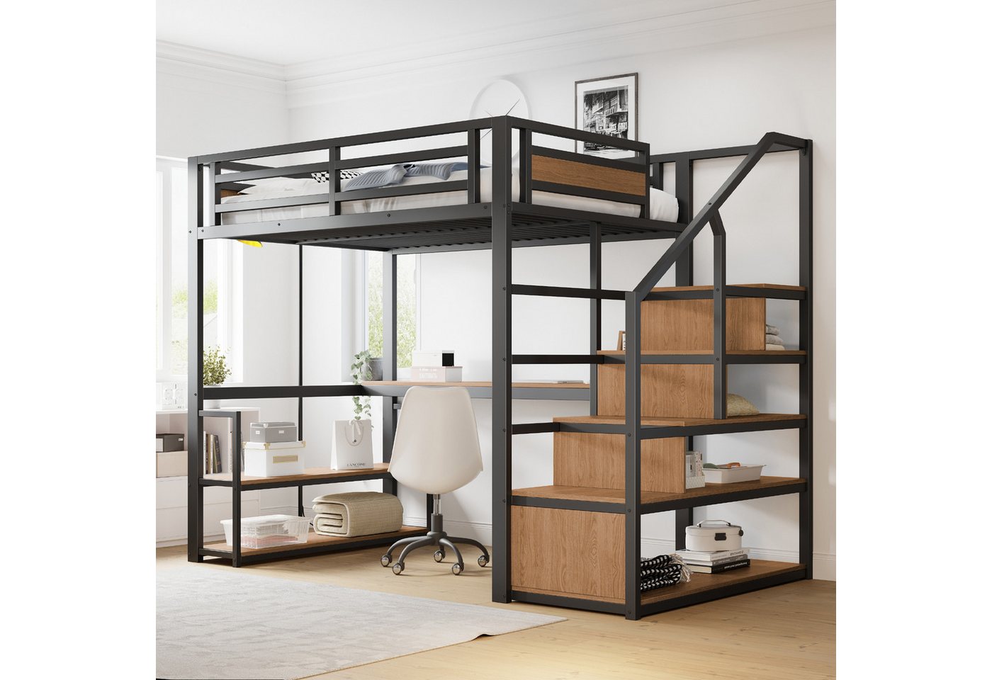 Flieks Hochbett Metallbett 140x200cm mit Stauraumtreppe, Regale und Schreibtisch von Flieks