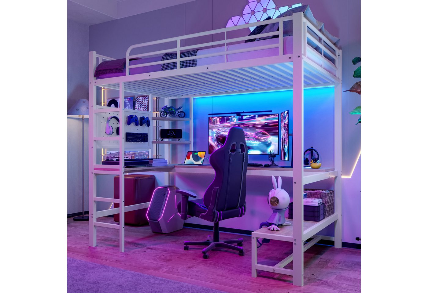 Flieks Hochbett Metallbett 90x200cm mit LED-Leiste, USB-Laden und Schreibtisch Flieks Hochbett Metallbett 90x200cm mit LED-Leiste, USB-Laden und Schreibtisch von Flieks