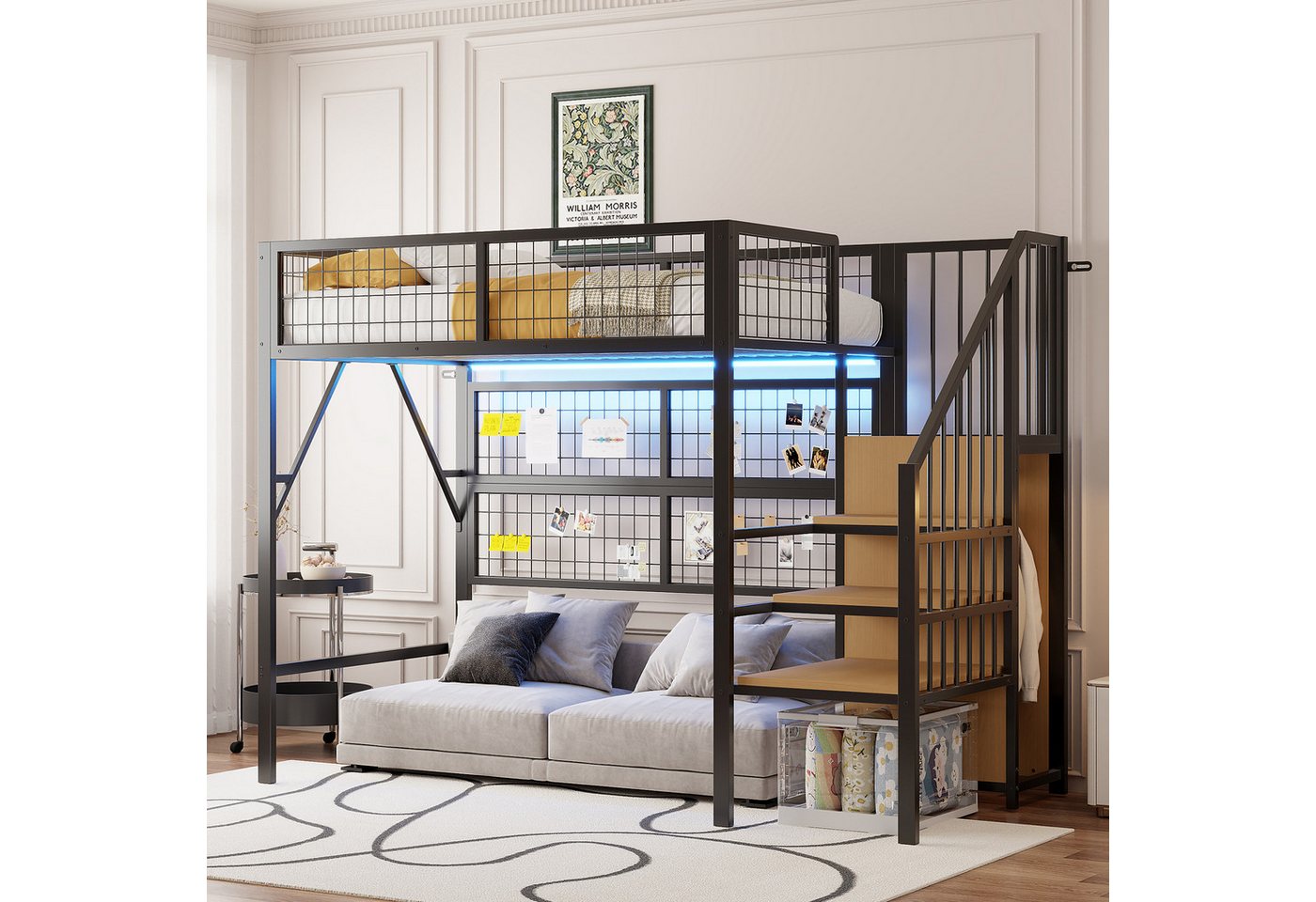 Flieks Hochbett Metallbett 90x200cm mit LED-Leiste und Treppe mit Kleiderschrank von Flieks