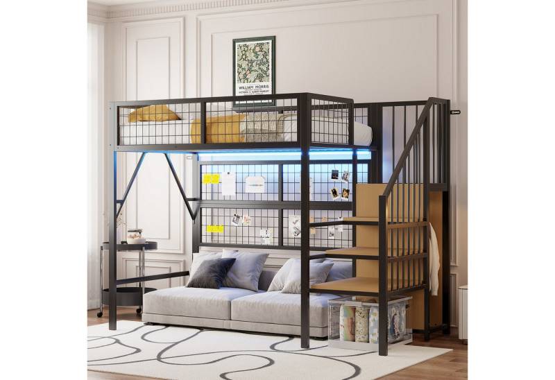 Flieks Hochbett Metallbett 90x200cm mit LED-Leiste und Treppe mit Kleiderschrank von Flieks