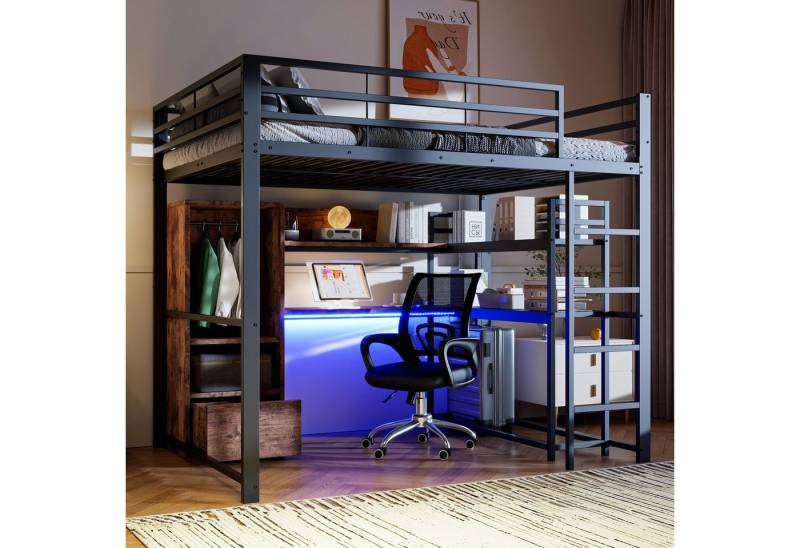 Flieks Hochbett Metallbett Kinderbett 140x200cm mit LED, Schreibtisch und Stauraum von Flieks