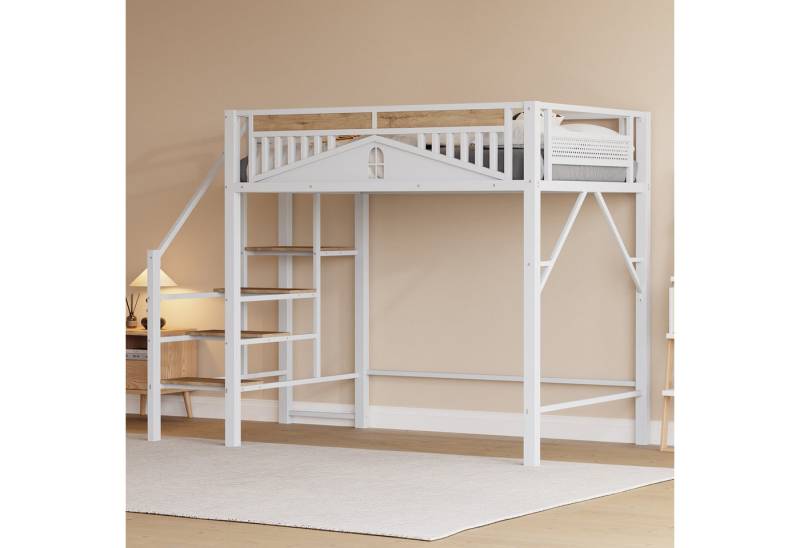 Flieks Hochbett Metallbett Kinderbett 140x200cm mit Treppe und Sicherheitszaun von Flieks