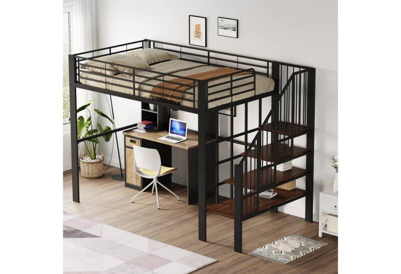 Flieks Hochbett Metallbett Kinderbett 140x200cm mit großen Stauraum und Treppe von Flieks