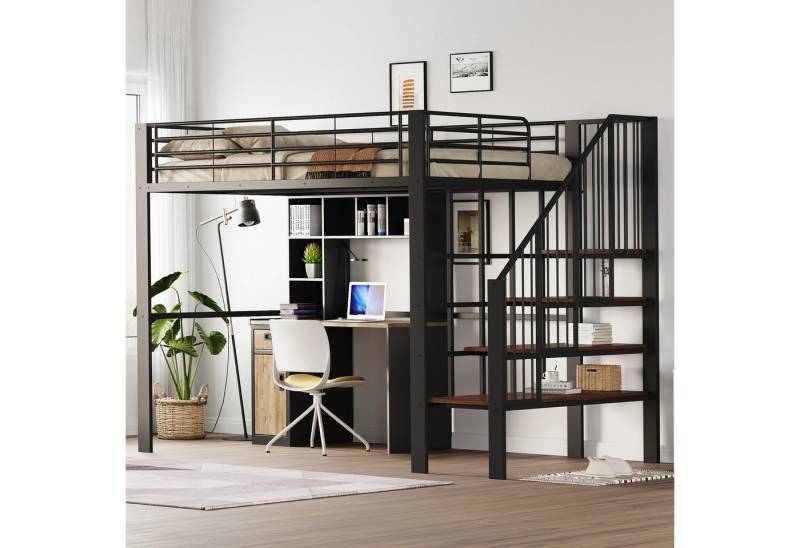 Flieks Hochbett Metallbett Kinderbett 140x200cm mit großen Stauraum und Treppe von Flieks