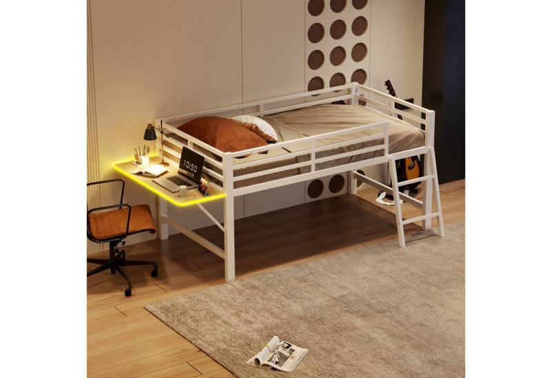 Flieks Hochbett Metallbett Kinderbett 90x200cm mit LED Klapp-Schreibtisch und Leiter von Flieks