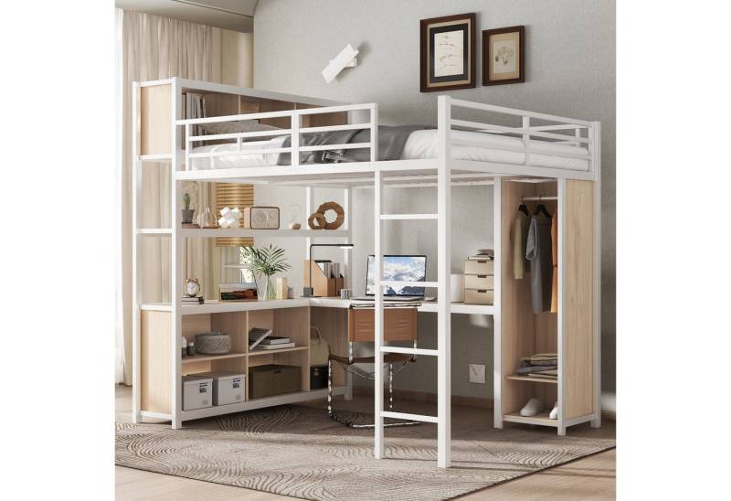 Flieks Hochbett Metallbett Kinderbett mit Schreibtisch und Kleiderschrank 140x200cm von Flieks