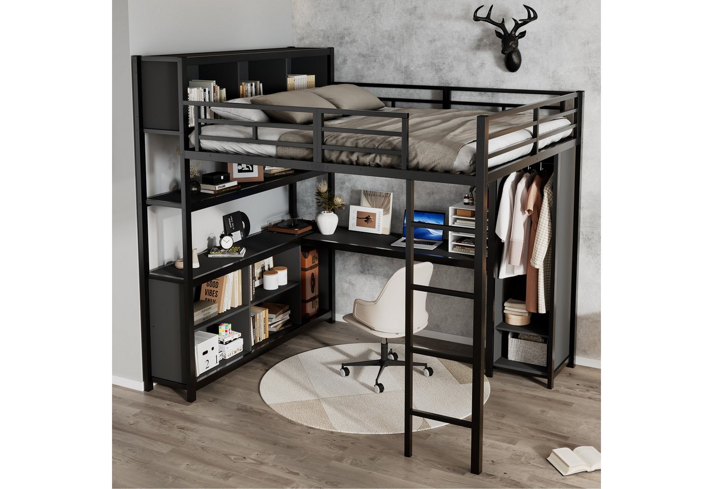 Flieks Hochbett Metallbett Kinderbett mit Schreibtisch und Kleiderschrank 140x200cm Flieks Hochbett Metallbett Kinderbett mit Schreibtisch und Kleiderschrank 140x200cm von Flieks