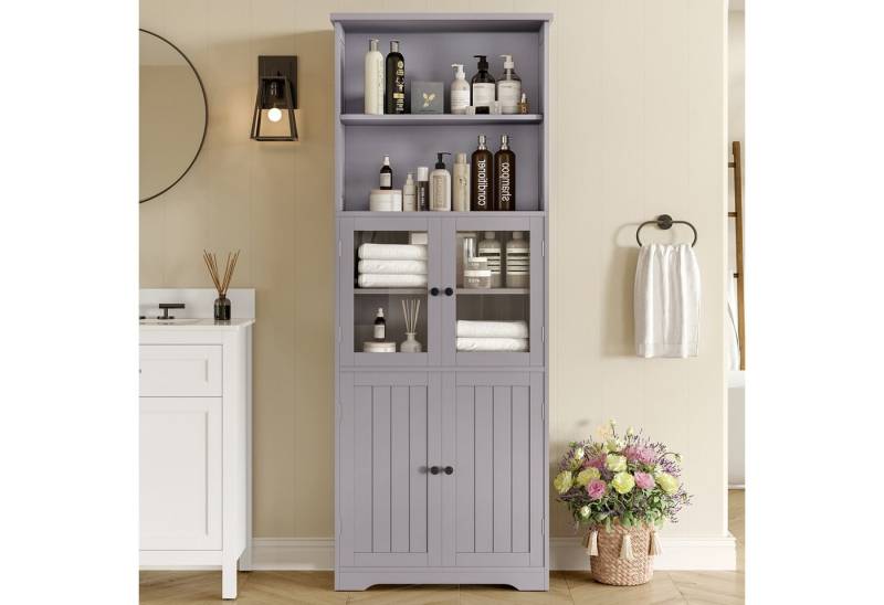 Flieks Hochschrank Badkommode mit Glastüren und Holztüren Standvitrine (B57,4/T28,4/H162,5 cm, 1-St., feuchtigkeitsbeständige Farbe) Badezimmerschrank mit 6 Fächern und verstellbare Einlegeböden grau von Flieks