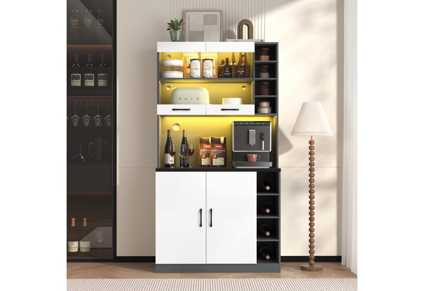 Flieks Hochschrank KüchenBuffet (100x47x187 cm, 1-St., höhenverstellbare seitliche Ablagefächer) Küchenschrank mit LED-Beleuchtung Bücherschrank Highboard von Flieks