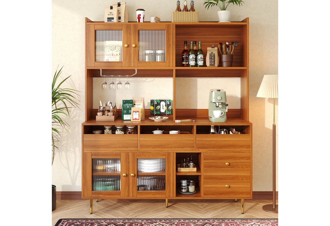 Flieks Hochschrank Küchenbuffet (145x39x171 cm, 1-St) Küchenschränke mit Arbeitsplatte, Glastüren und Schubladen Sideboard von Flieks