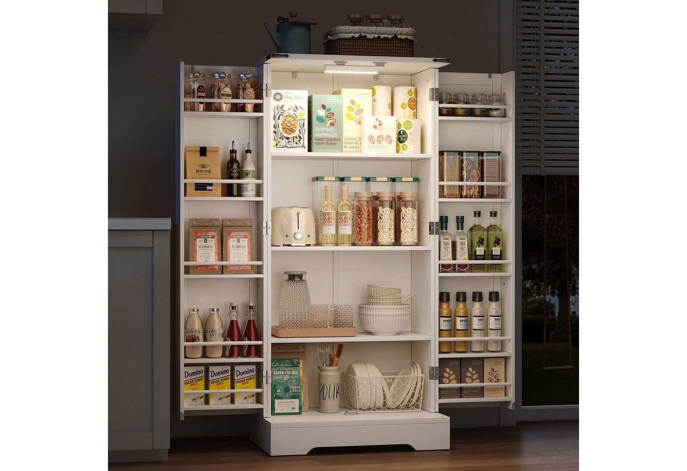 Flieks Hochschrank Küchenschrank mit LED-Beleuchtung und Türablagen (1-St., B60/T35/H128,5 cm) Speiseschrank mit verstellbaren Regalen Mehrzweckschrank weiß von Flieks