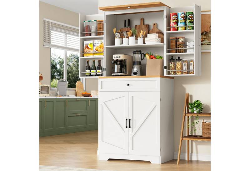 Flieks Hochschrank Küchenschrank mit Türablagen und Schubladen (1-St., B80/T40/H180cm) Speiseschrank Küchenbuffet Snack-Aufbewahrungsschrank Weiß von Flieks