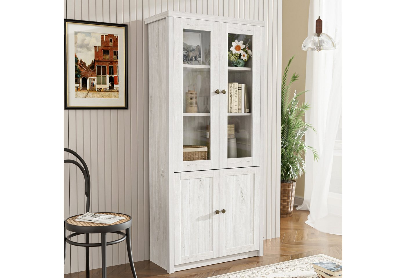 Flieks Hochschrank mit Glastüren/Holztüren (B80/T34/H171 cm, 1-St., für Wohnzimmer, Schlafzimmer, Esszimmer, Büro und Flur) Highboard mit 5 Fächern und Kupfergriffen Vitrineschrank Holzoptik von Flieks