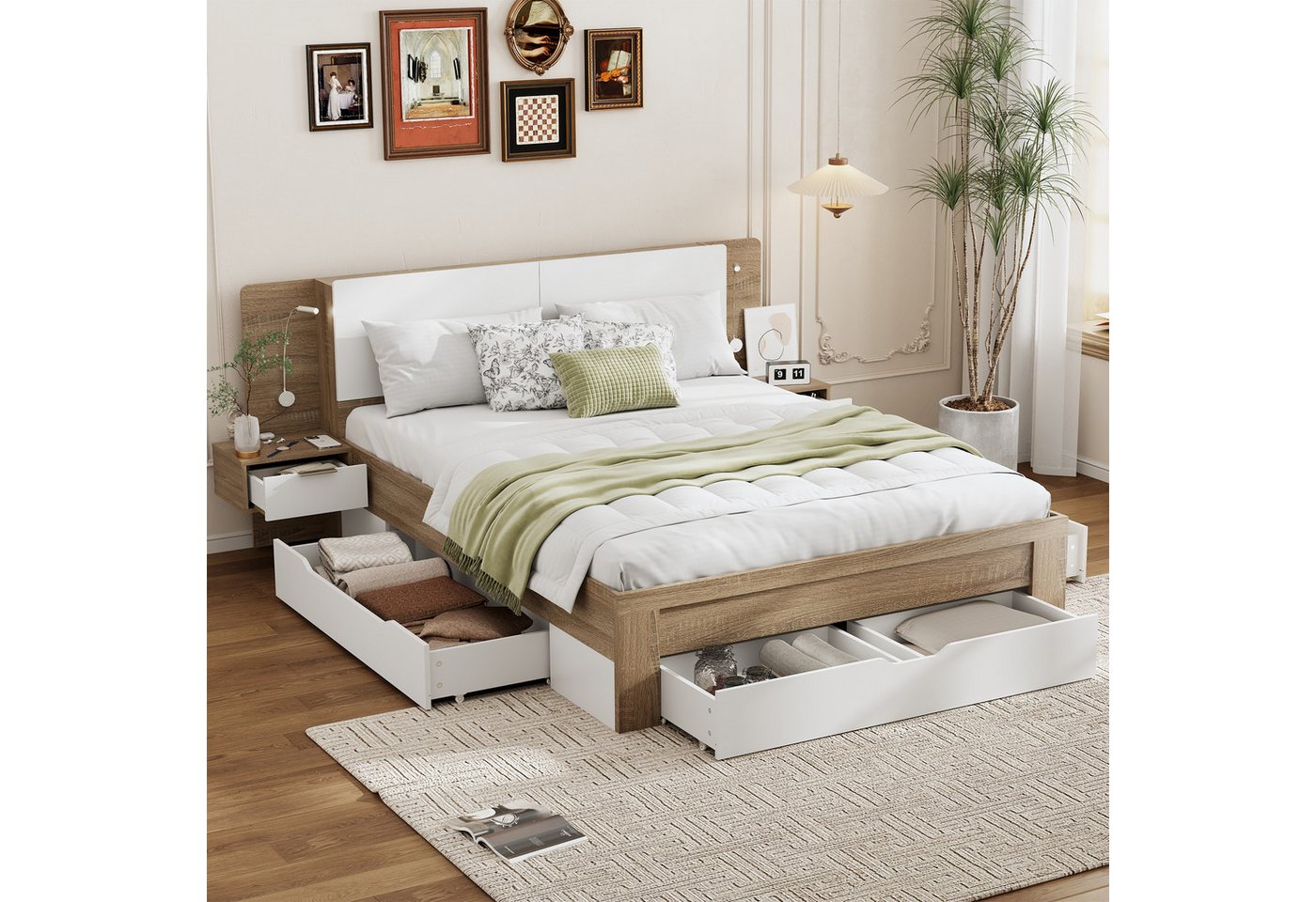 Flieks Holzbett, LED Doppelbett mit 2 Nachttische und mehreren Schubladen 140x200cm von Flieks