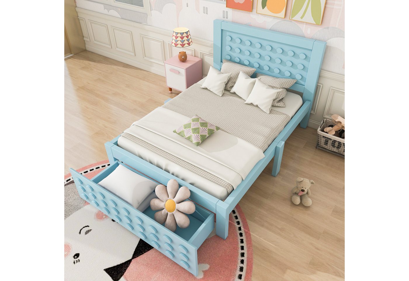 Flieks Kinderbett, Holzbett Einzelbett 90x200cm Bausteine-Form mit Schublade Flieks Kinderbett, Holzbett Einzelbett 90x200cm Bausteine-Form mit Schublade von Flieks