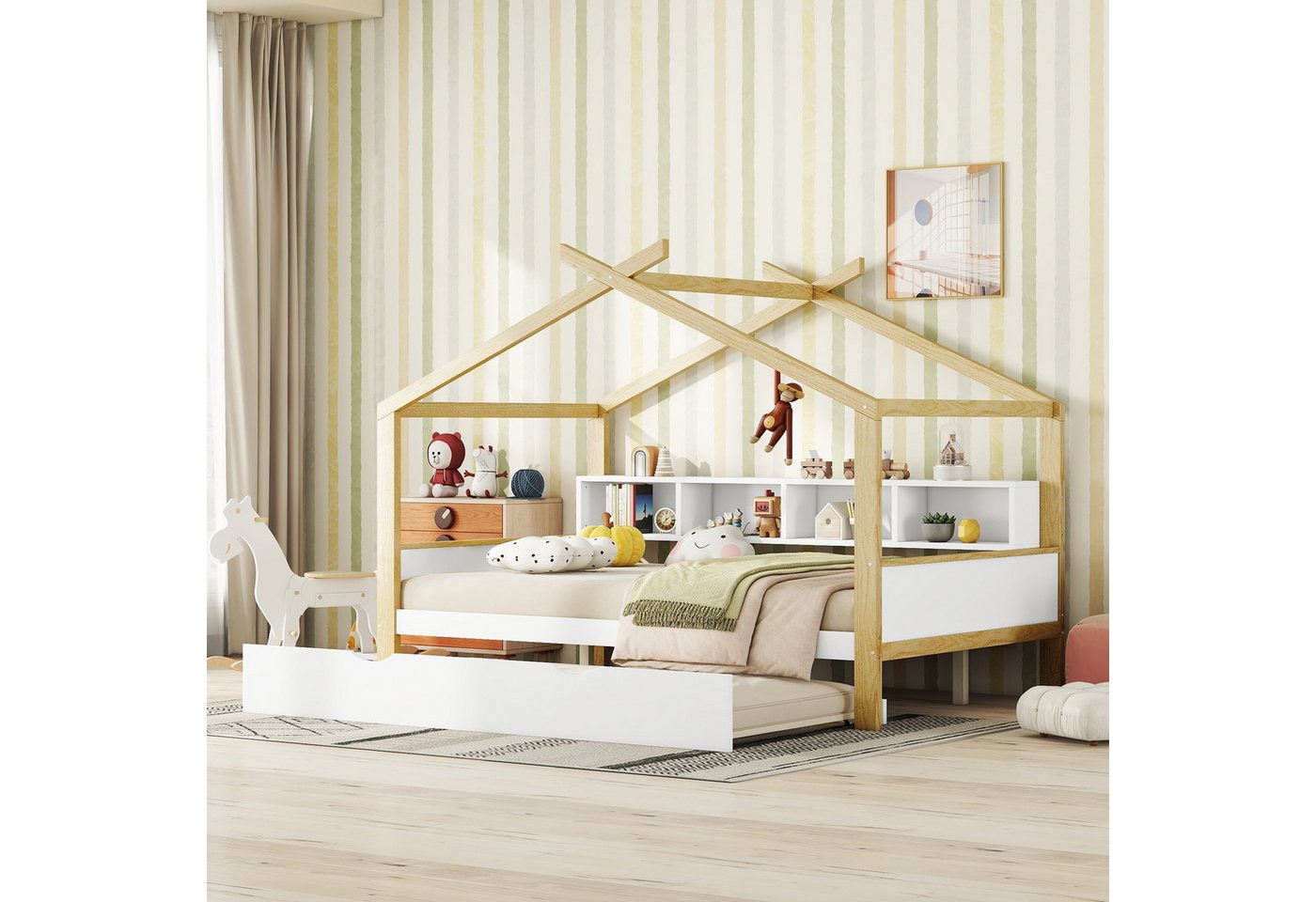 Flieks Kinderbett, Holzbett Hausbett 140x200cm mit Ausziehbett 90x180cm und Staufächer von Flieks
