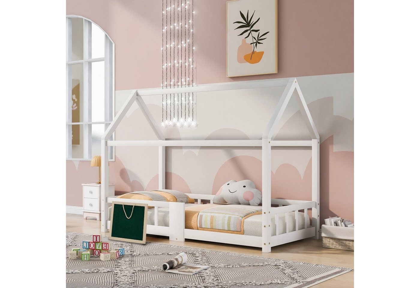 Flieks Kinderbett, Kiefernholz Hausbett mit Tafel und Rausfallschutz 90x200cm von Flieks