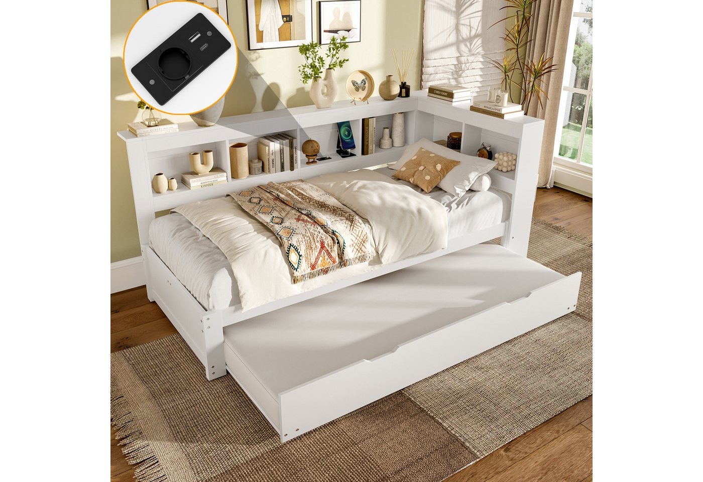 Flieks Kinderbett, Kinderbett 90x200cm mit Ausziehbett 90x190cm, Stauraum, Ladefunktion von Flieks