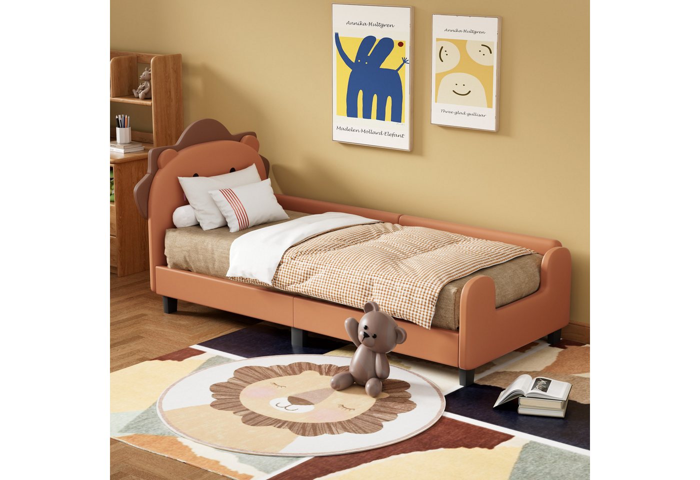 Flieks Kinderbett, Löwenform Einzelbett Polsterbett 90x200cm Kunstleder Bezug ​​Orange von Flieks