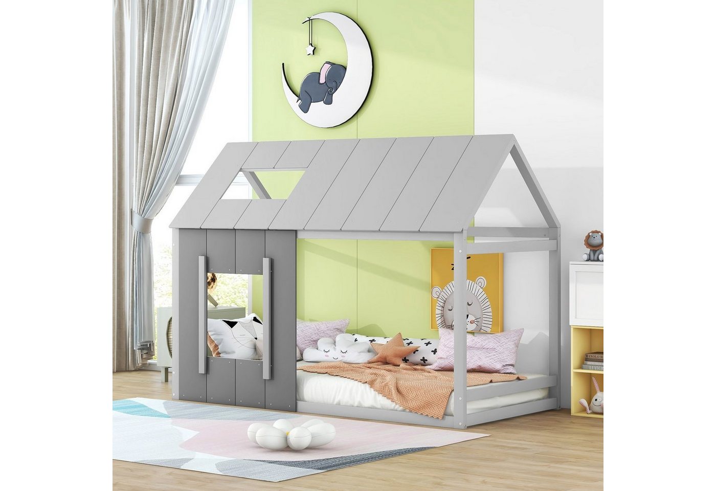 Flieks Kinderbett, Massivholz Einzelbett Hausbett mit Dach und Fenster 90x200cm von Flieks