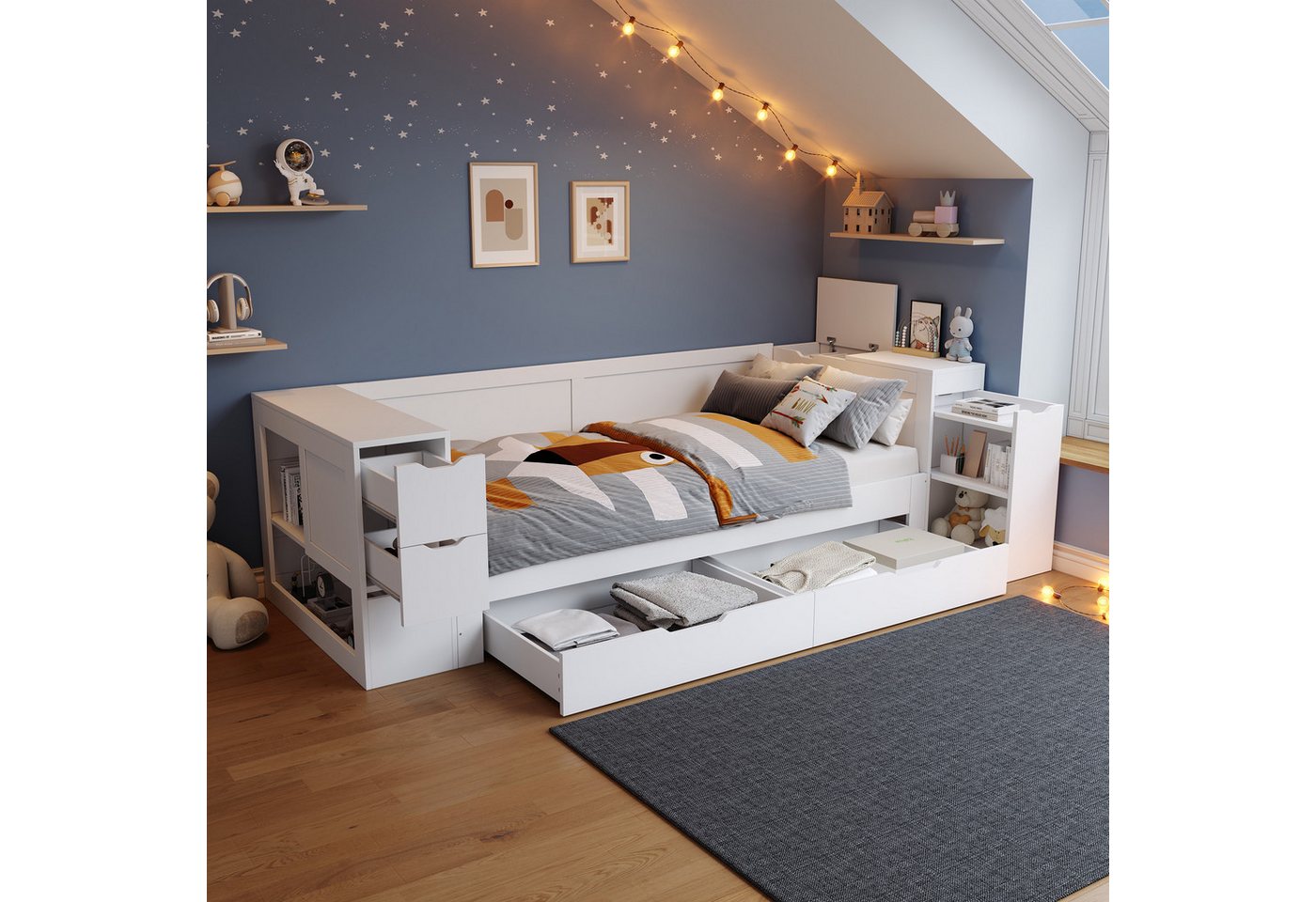 Flieks Kinderbett, Stauraumbett Daybett 90x200cm mit Schubladen, Regalen und Nachttisch von Flieks
