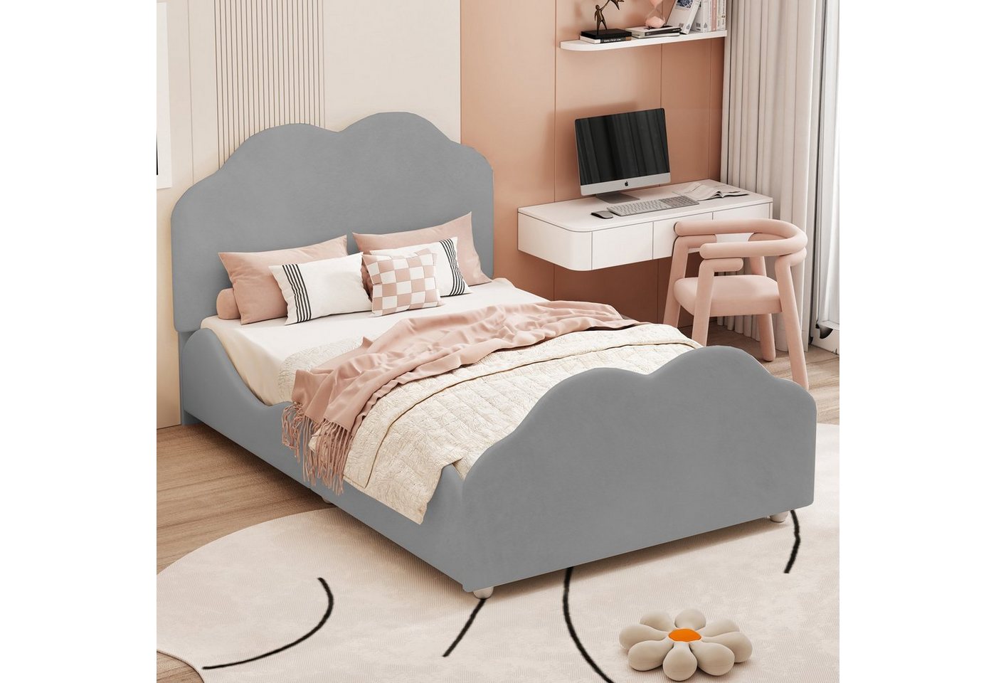 Flieks Kinderbett, süße Wolkenform Einzelbett Polsterbett 90x200cm Samt von Flieks