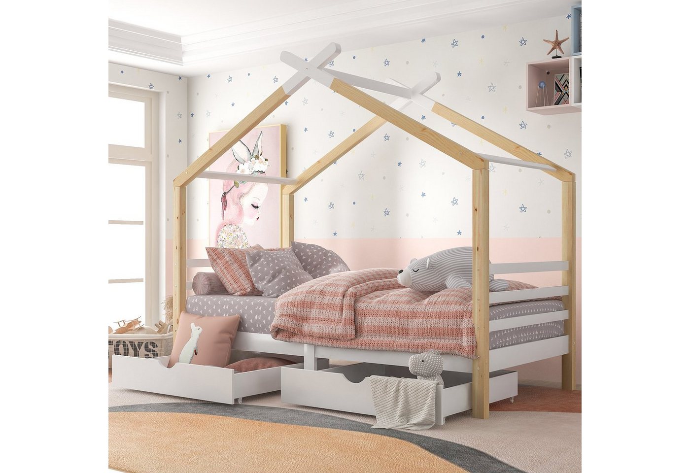 Flieks Kinderbett (1-tlg), Hausbett mit 2 Schubladen Massivholzbett 90x200cm von Flieks