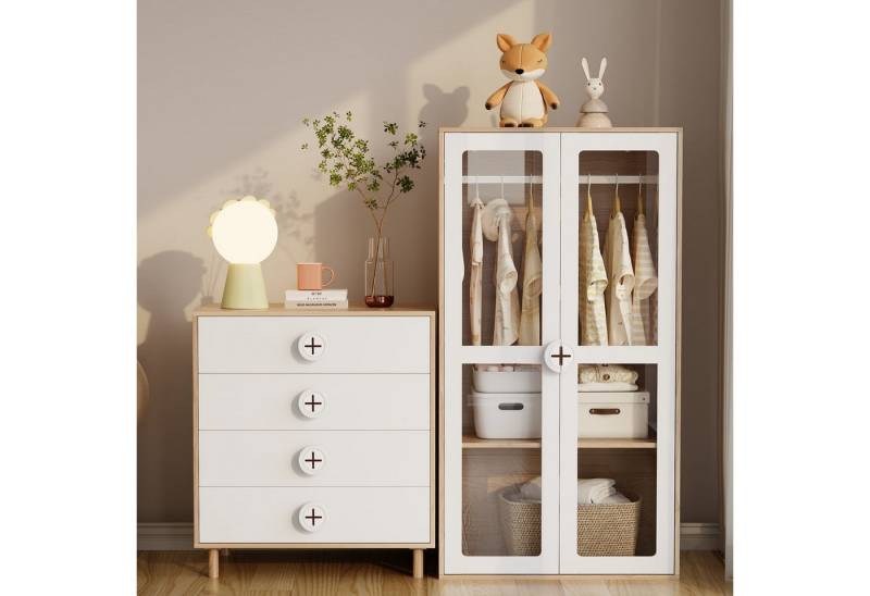 Flieks Kleiderschrank Glas-Tür-Schrank 80x50x150cm mit Kleiderstange & Nachttisch 80x54x90cm von Flieks