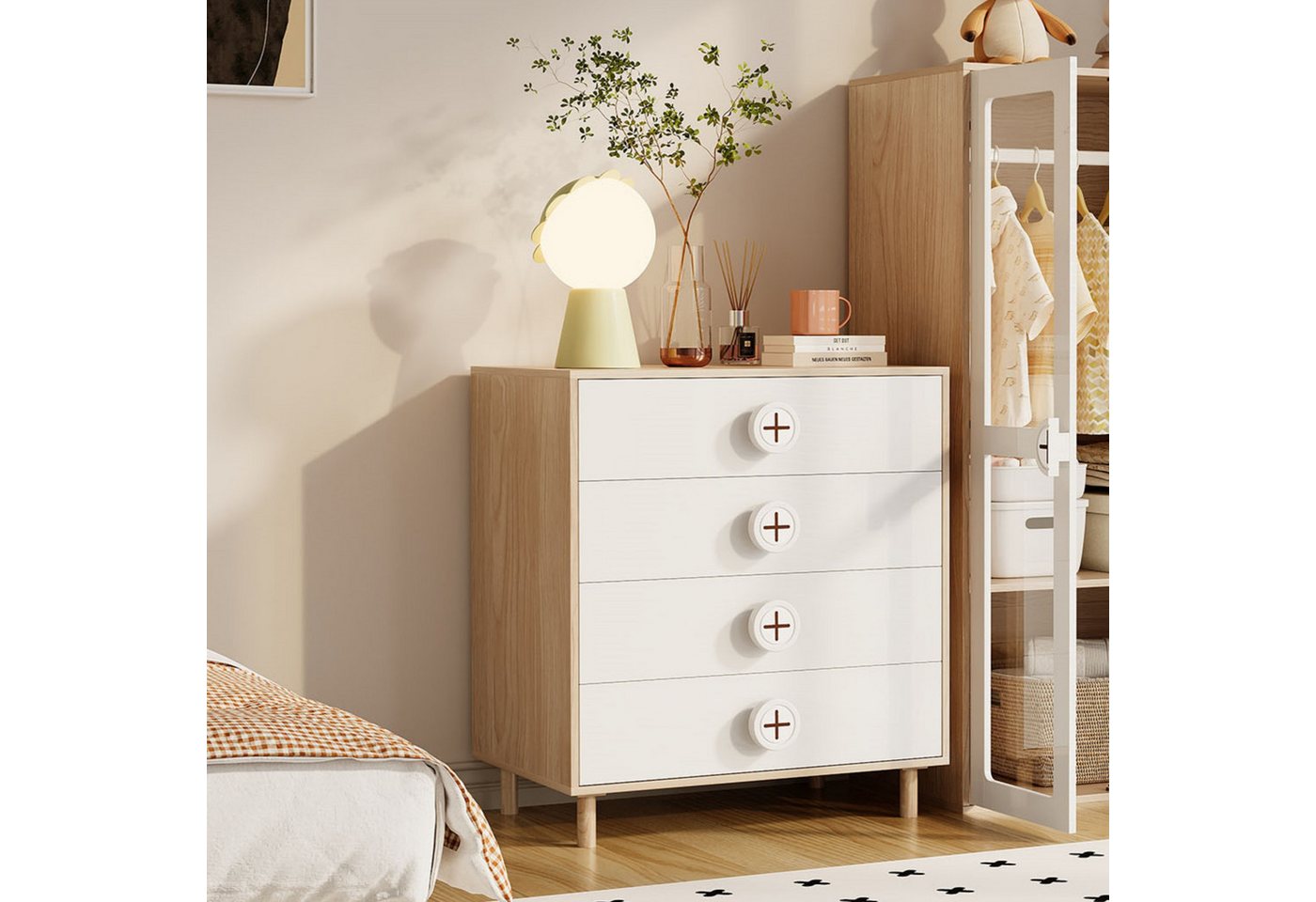 Flieks Kleiderschrank Nachttisch Kommode Aufbewahrungsschrank mit 4 Schubladen 80x54x90cm von Flieks
