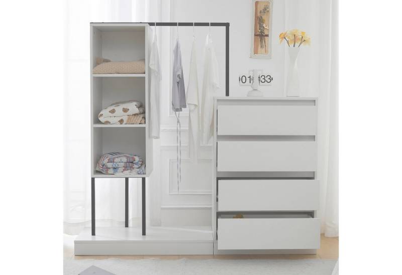 Flieks Kleiderständer Kleiderschrank mit Ablagefächern weiß, (1 St., B140/W40/H135 cm), 2 in 1 Schubladenschrank Kommode mit Kleiderstange Beistellschrank von Flieks