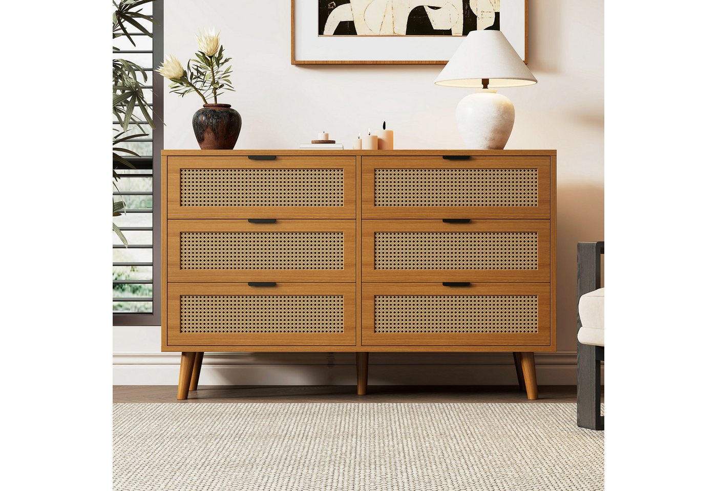 Flieks Kommode (120x76,5x40 cm, 1 St), Sideboard mit 6 Schubladen Rattan Aufbewahrungsschrank, Massivholzbeine von Flieks