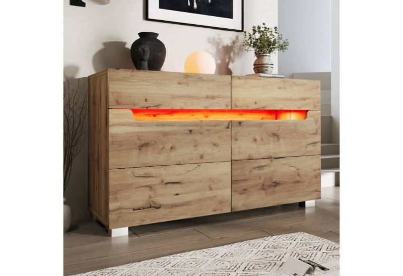 Flieks Kommode Holz mit 6 Schubladen für Wohnzimmer, Schlafzimmer und Esszimmer (1 St), Sideboard mit LED-Beleuchtung Mehrzweckschrank Eiche, Breite 120 cm von Flieks